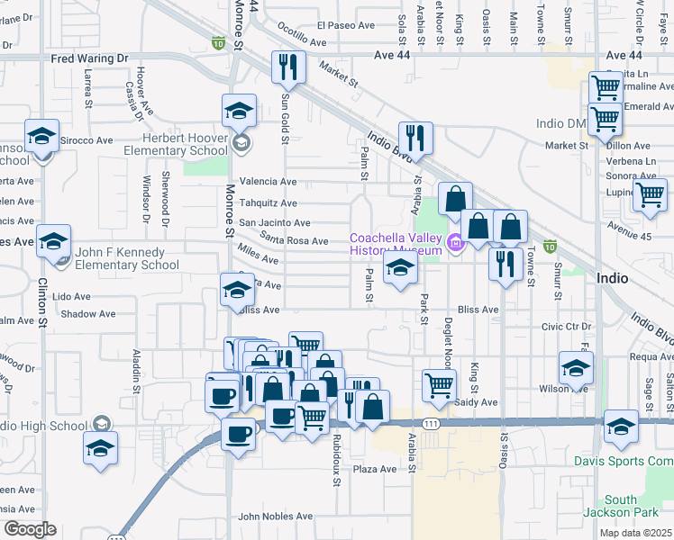 map of restaurants, bars, coffee shops, grocery stores, and more near 82324 Miles Avenue in Indio