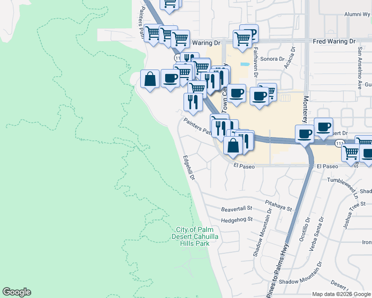 map of restaurants, bars, coffee shops, grocery stores, and more near 72279 El Paseo in Palm Desert