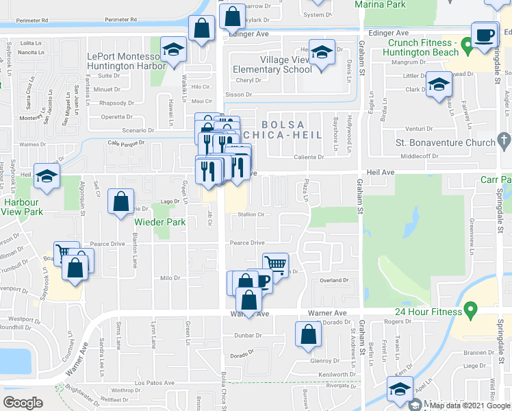 map of restaurants, bars, coffee shops, grocery stores, and more near 16572 Regina Circle in Huntington Beach