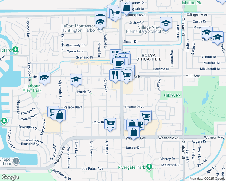 map of restaurants, bars, coffee shops, grocery stores, and more near 16561 Bolsa Chica Street in Huntington Beach