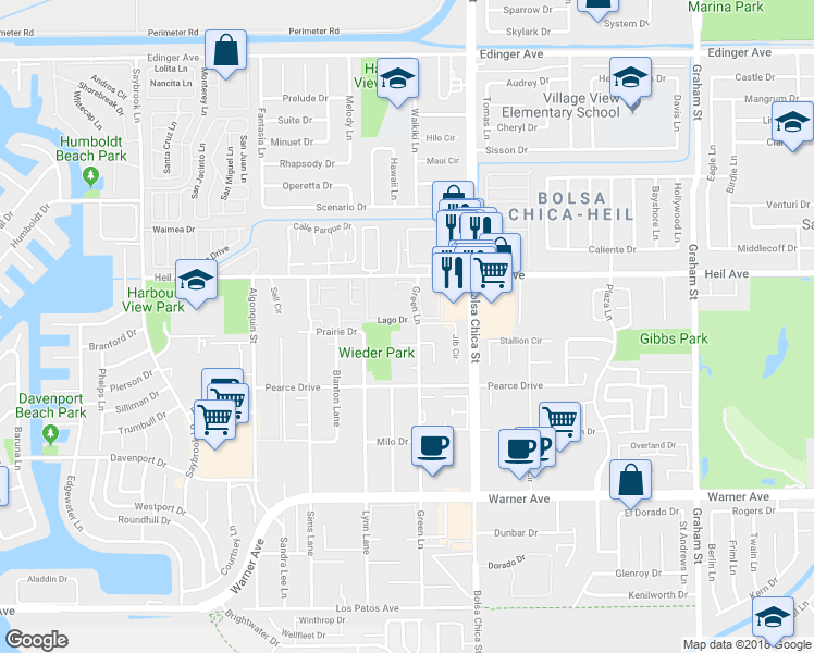 map of restaurants, bars, coffee shops, grocery stores, and more near 4861 Green Lane in Huntington Beach
