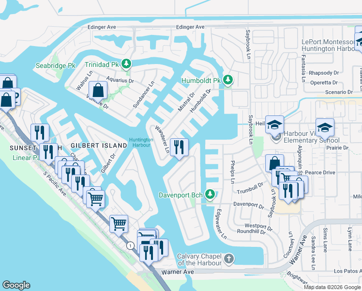 map of restaurants, bars, coffee shops, grocery stores, and more near 16582 Ensign Circle in Huntington Beach