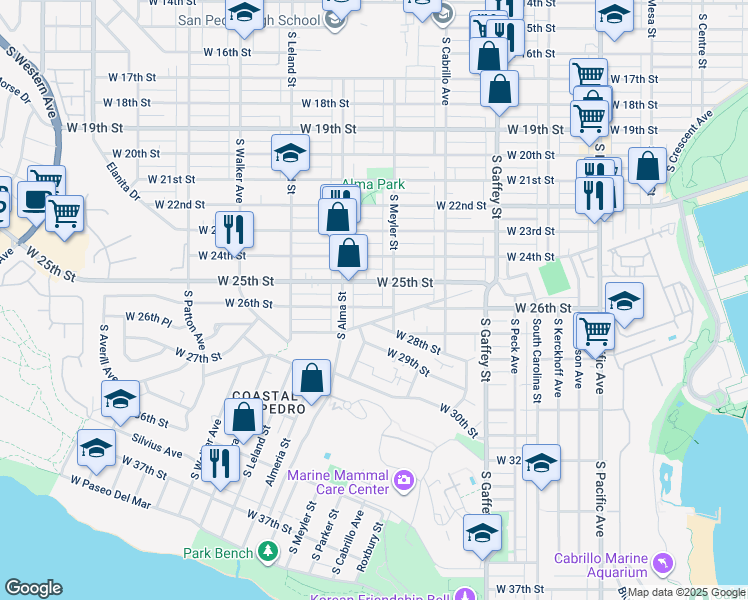 map of restaurants, bars, coffee shops, grocery stores, and more near 927 West 25th Street in Los Angeles