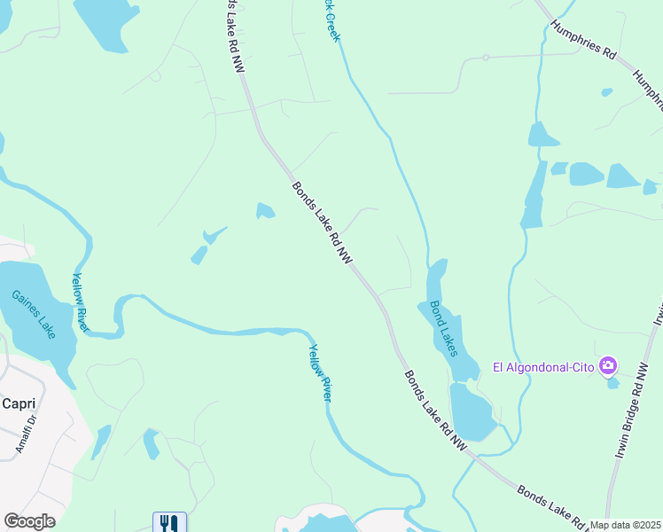 map of restaurants, bars, coffee shops, grocery stores, and more near 2930 Bonds Lake Road Northwest in Conyers