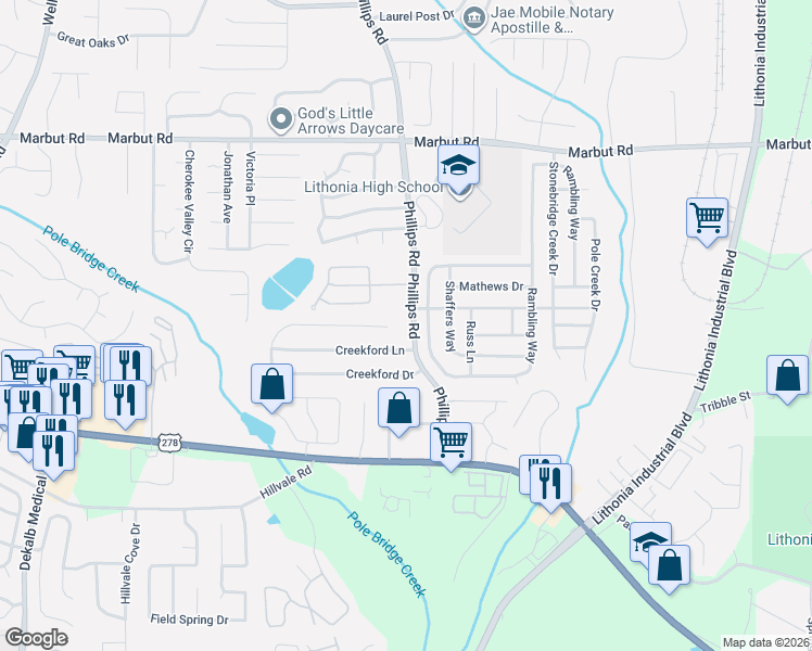 map of restaurants, bars, coffee shops, grocery stores, and more near 2315 Phillips Road in Lithonia