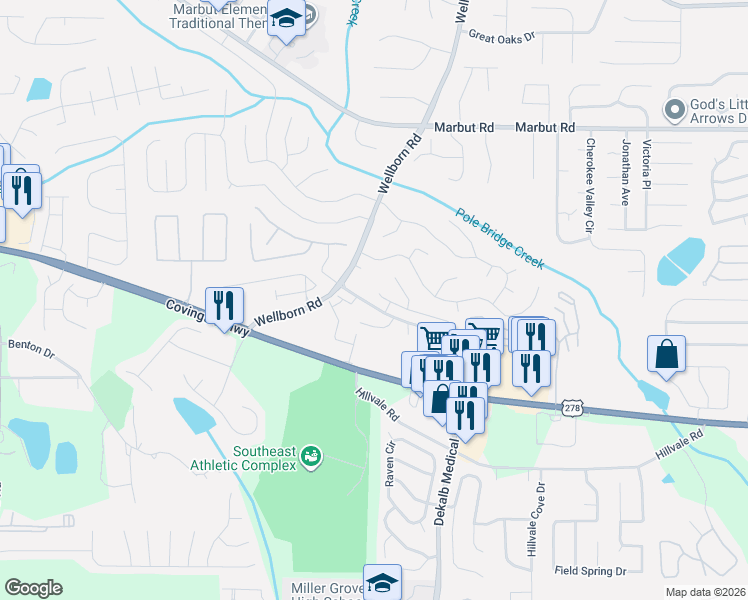 map of restaurants, bars, coffee shops, grocery stores, and more near 2314 Wellborn Road in Lithonia