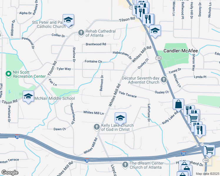 map of restaurants, bars, coffee shops, grocery stores, and more near 2259 Whites Mill Road in Decatur