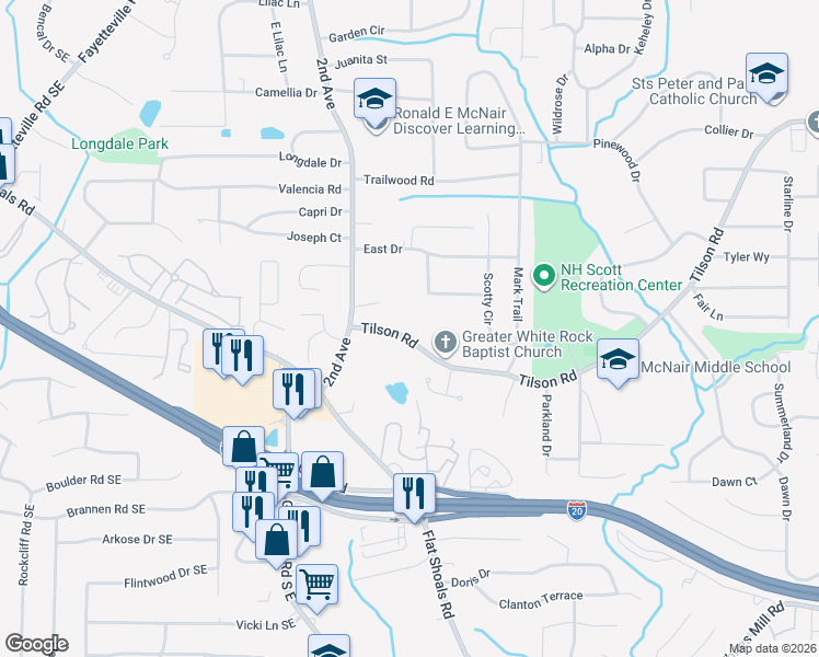 map of restaurants, bars, coffee shops, grocery stores, and more near 2066 Tilson Road in Decatur