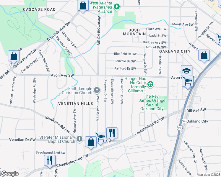 map of restaurants, bars, coffee shops, grocery stores, and more near 1240 Graymont Drive Southwest in Atlanta