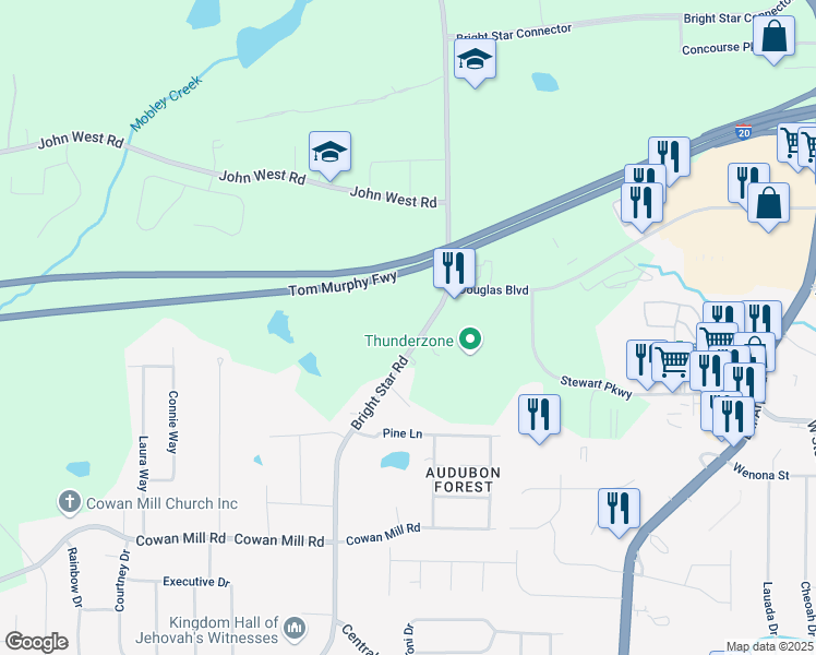 map of restaurants, bars, coffee shops, grocery stores, and more near 3127 Bright Star Road in Douglasville