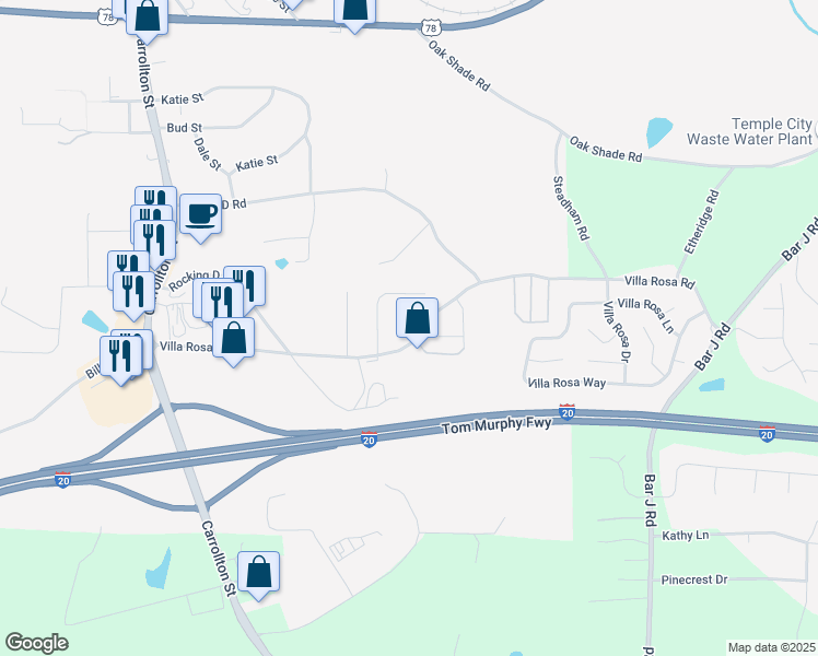map of restaurants, bars, coffee shops, grocery stores, and more near 176 Villa Rosa Road in Temple