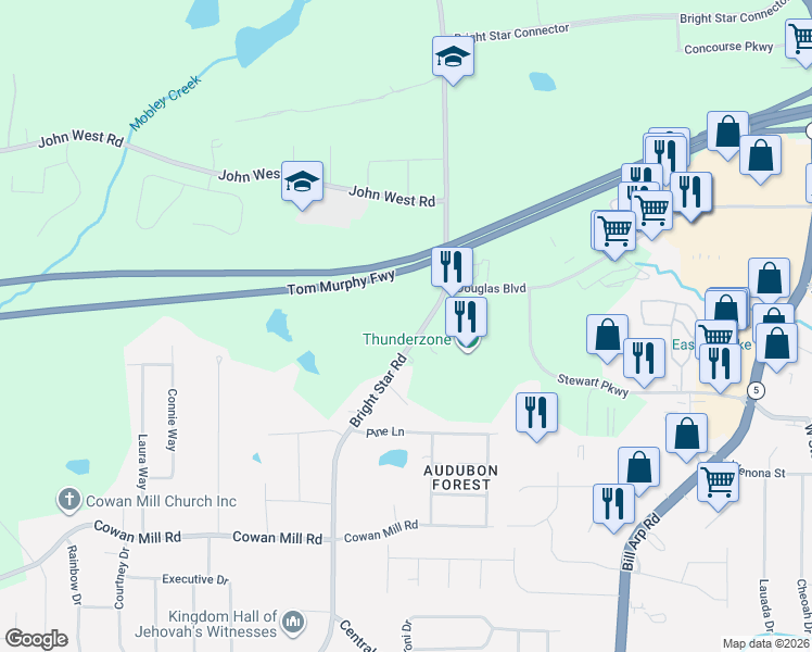 map of restaurants, bars, coffee shops, grocery stores, and more near 3095 Bright Star Road in Douglasville