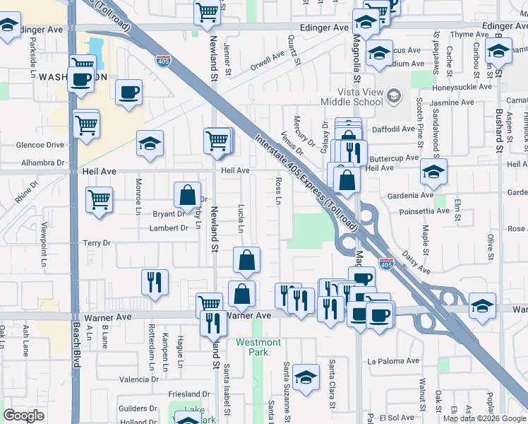 map of restaurants, bars, coffee shops, grocery stores, and more near 8651 Royer Circle in Huntington Beach