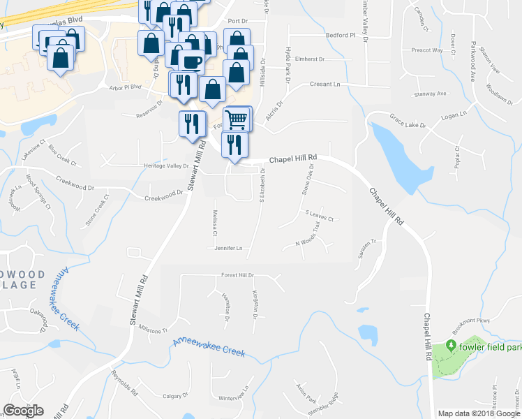 map of restaurants, bars, coffee shops, grocery stores, and more near 3186 South Elizabeth Drive in Douglasville