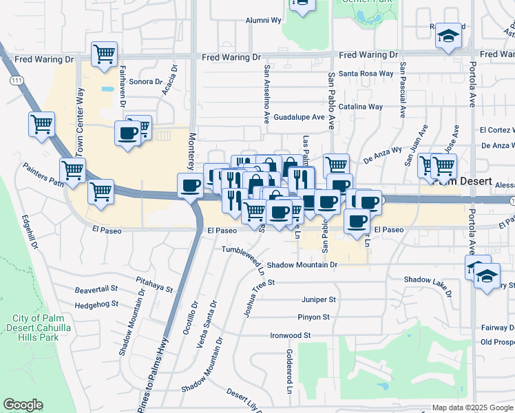 map of restaurants, bars, coffee shops, grocery stores, and more near 73280 Palm Desert Drive North in Palm Desert