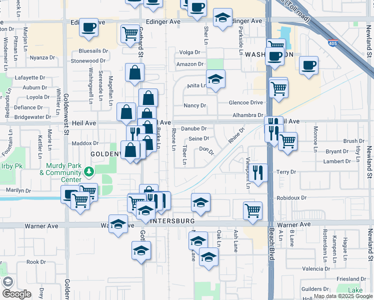 map of restaurants, bars, coffee shops, grocery stores, and more near 16622 Tiber Lane in Huntington Beach