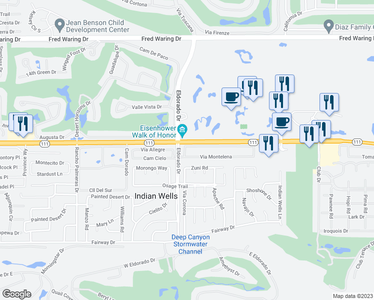 map of restaurants, bars, coffee shops, grocery stores, and more near 76047 Via Fiore in Indian Wells