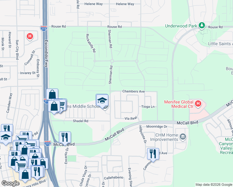 map of restaurants, bars, coffee shops, grocery stores, and more near 27529 Avenue Interno in Menifee
