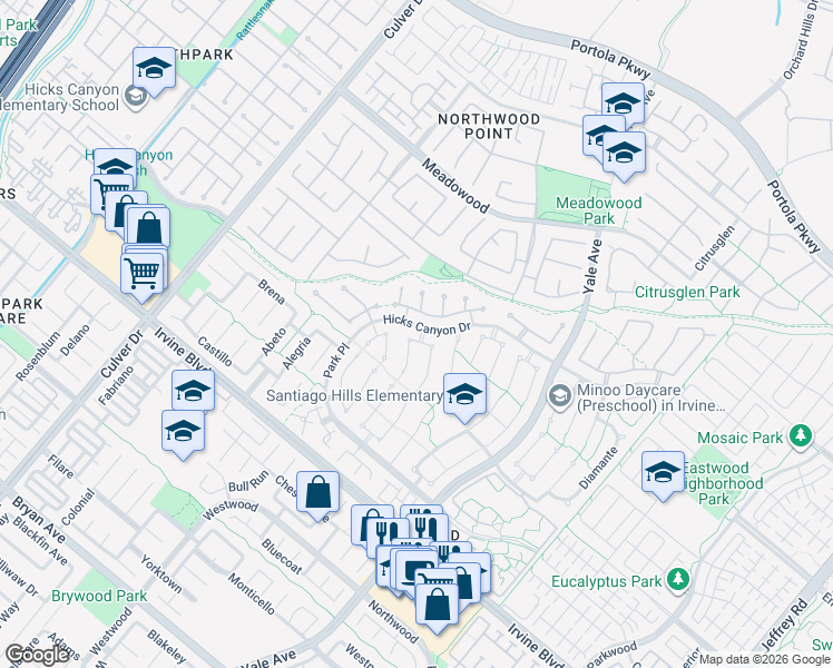 map of restaurants, bars, coffee shops, grocery stores, and more near 31 Hermosa in Irvine