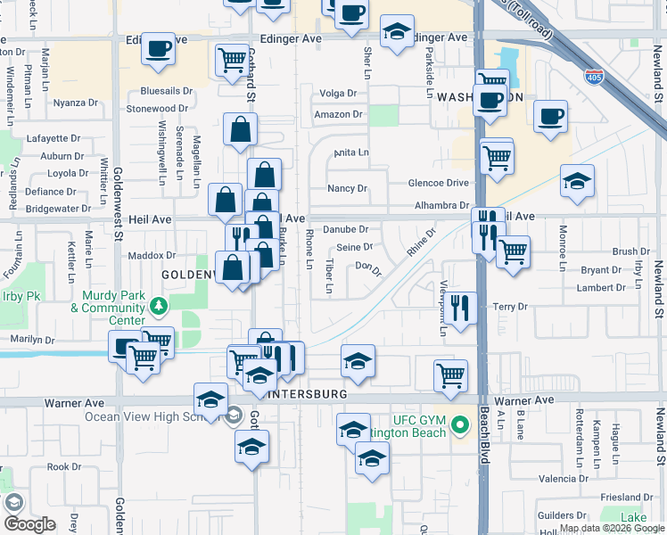 map of restaurants, bars, coffee shops, grocery stores, and more near 16622 Tiber Lane in Huntington Beach
