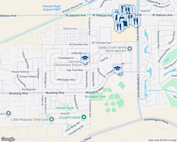 map of restaurants, bars, coffee shops, grocery stores, and more near 1550 Wrentree Way in Hemet