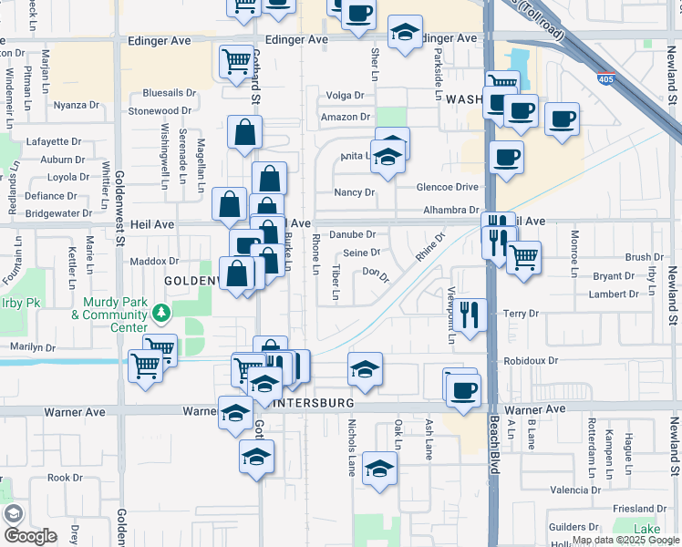 map of restaurants, bars, coffee shops, grocery stores, and more near 16622 Tiber Lane in Huntington Beach