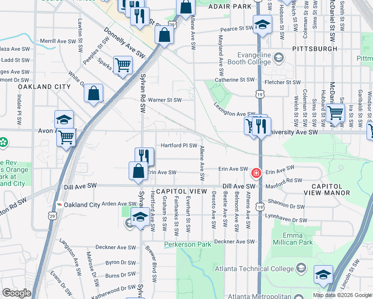 map of restaurants, bars, coffee shops, grocery stores, and more near 793 Hartford Place Southwest in Atlanta