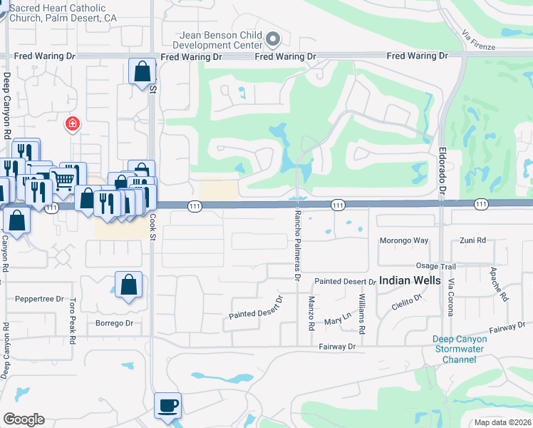 map of restaurants, bars, coffee shops, grocery stores, and more near 75396 Mansfield Drive in Indian Wells