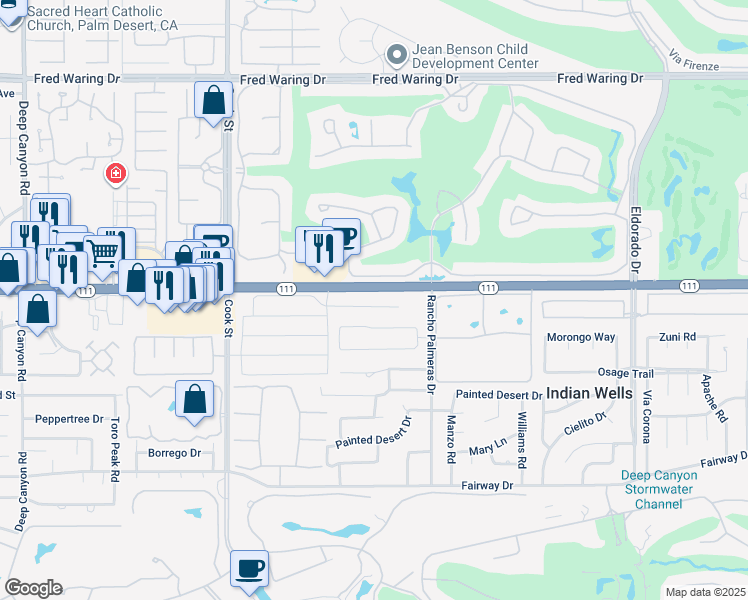 map of restaurants, bars, coffee shops, grocery stores, and more near 75364 Mansfield Drive in Indian Wells