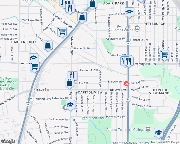 map of restaurants, bars, coffee shops, grocery stores, and more near 793 Hartford Place Southwest in Atlanta