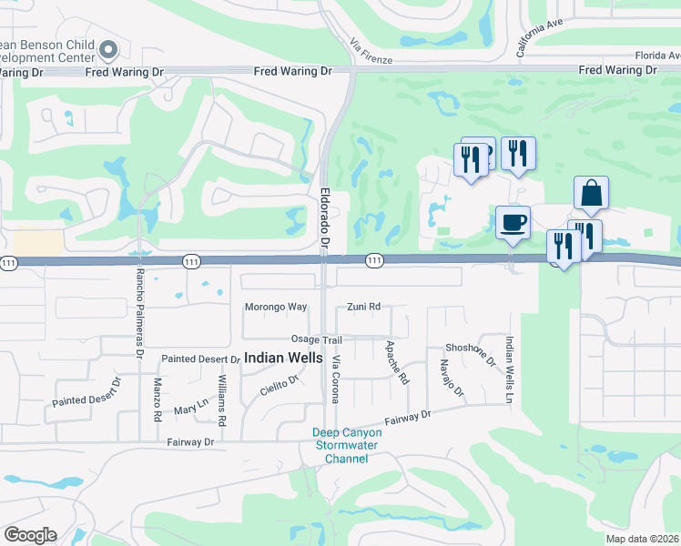 map of restaurants, bars, coffee shops, grocery stores, and more near 76047 Via Fiore in Indian Wells
