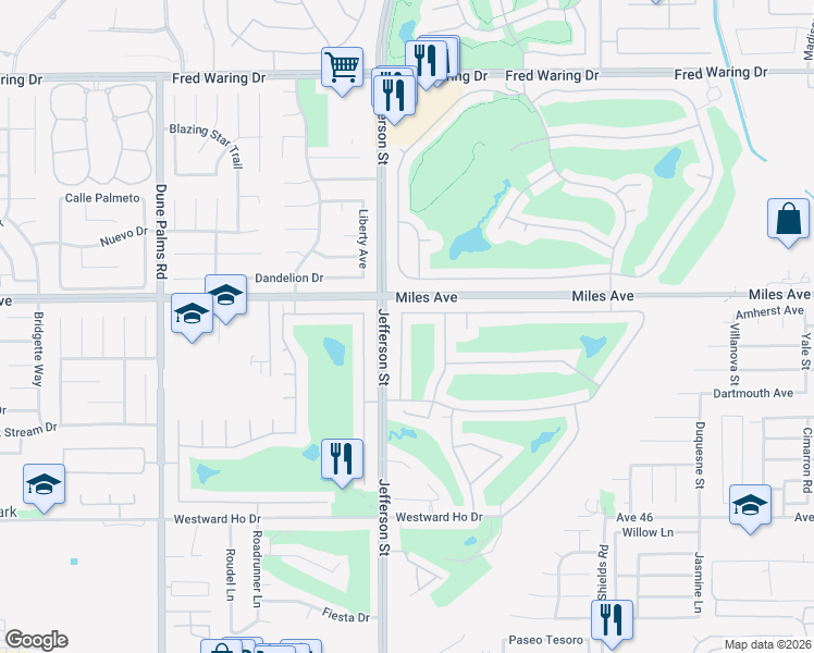 map of restaurants, bars, coffee shops, grocery stores, and more near 80048 Jasper Park Avenue in Indio