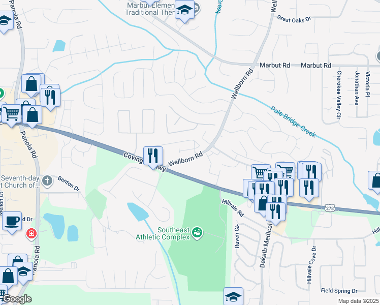 map of restaurants, bars, coffee shops, grocery stores, and more near 2387 Wellborn Road in Lithonia