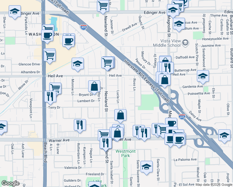 map of restaurants, bars, coffee shops, grocery stores, and more near 16631 Lucia Lane in Huntington Beach