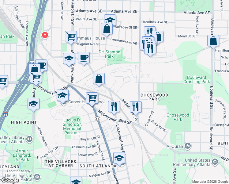 map of restaurants, bars, coffee shops, grocery stores, and more near 1200 McDonald Drive Southeast in Atlanta