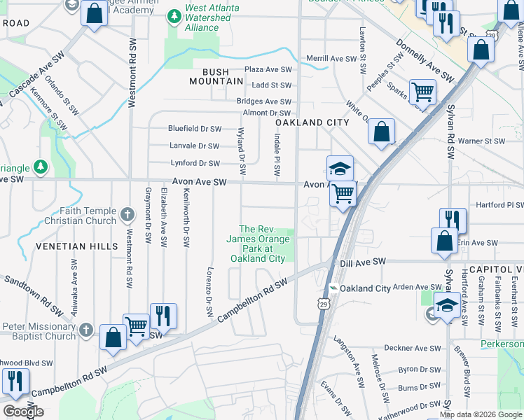 map of restaurants, bars, coffee shops, grocery stores, and more near 1251 Oakland Terrace Southwest in Atlanta