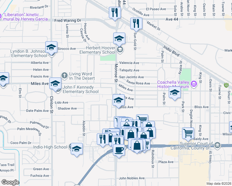 map of restaurants, bars, coffee shops, grocery stores, and more near Monroe Street in Indio