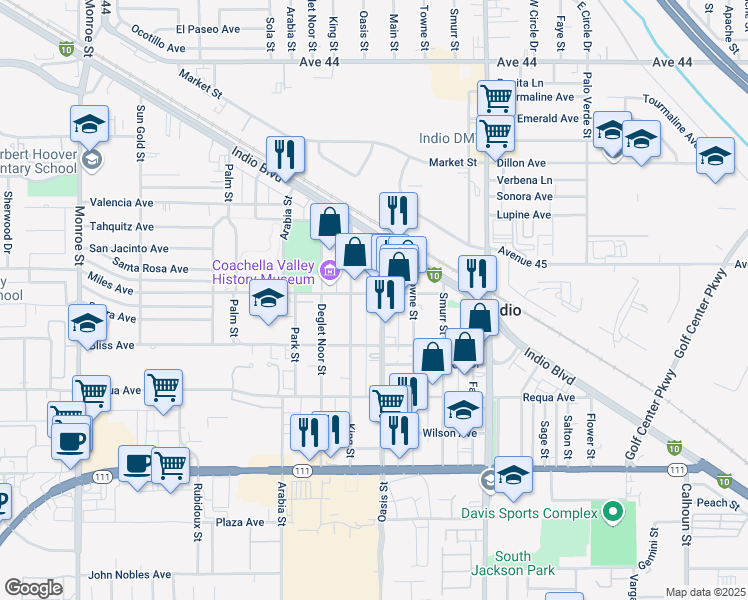 map of restaurants, bars, coffee shops, grocery stores, and more near 82672 Miles Avenue in Indio