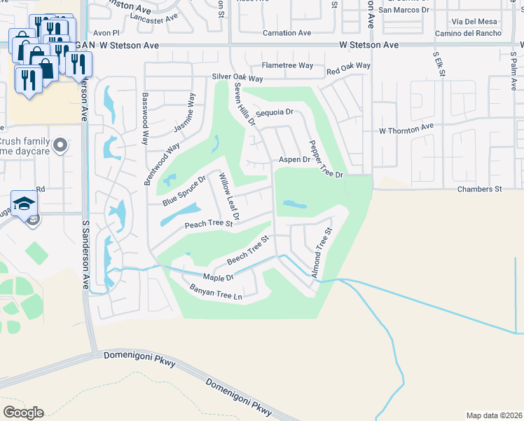 map of restaurants, bars, coffee shops, grocery stores, and more near 2526 Peach Tree Street in Hemet