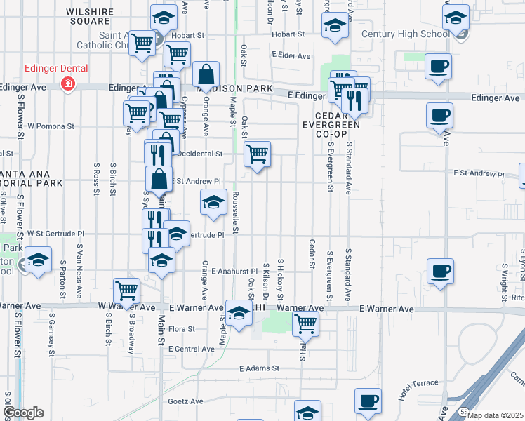 map of restaurants, bars, coffee shops, grocery stores, and more near 2040 South Kilson Drive in Santa Ana