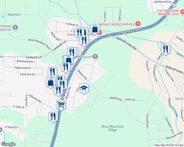 map of restaurants, bars, coffee shops, grocery stores, and more near 484 Foxley Road in Anniston