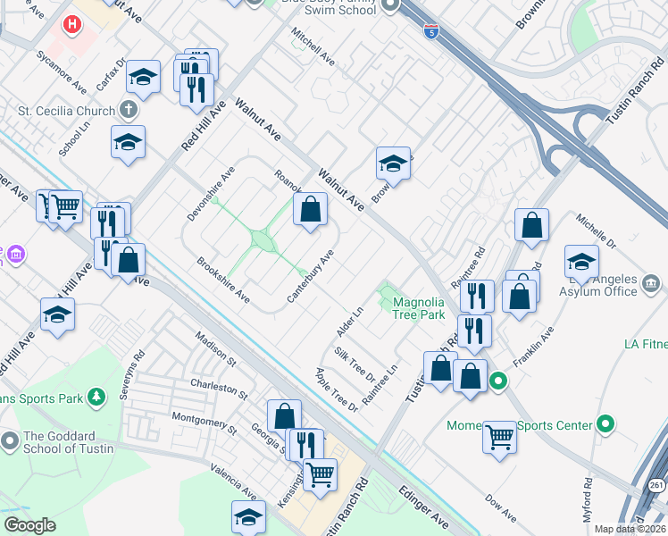 map of restaurants, bars, coffee shops, grocery stores, and more near 14661 Danborough Road in Tustin