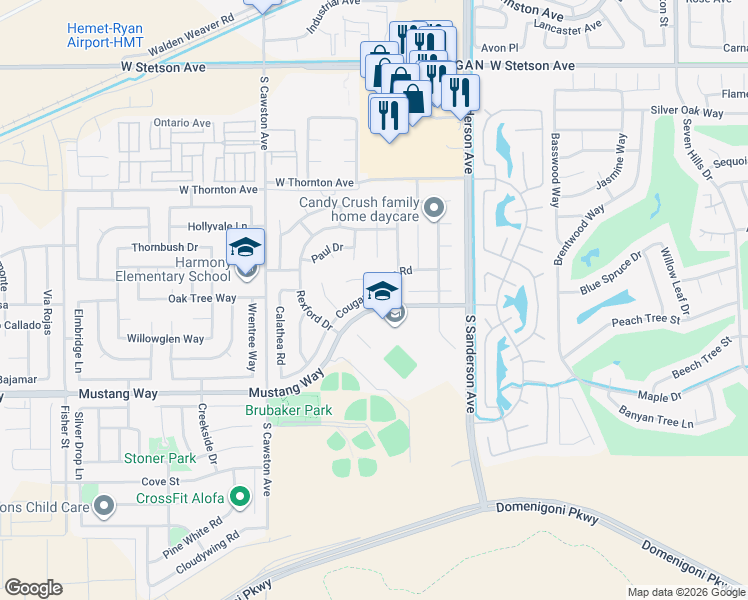 map of restaurants, bars, coffee shops, grocery stores, and more near 3733 Cougar Canyon Road in Hemet