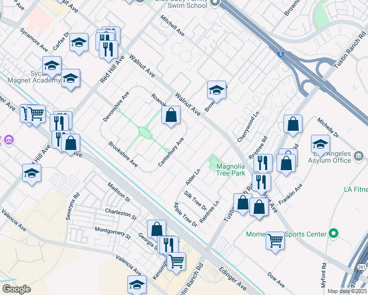 map of restaurants, bars, coffee shops, grocery stores, and more near 14661 Danborough Road in Tustin