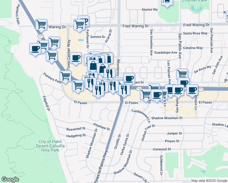 map of restaurants, bars, coffee shops, grocery stores, and more near 72920 California 111 in Palm Desert
