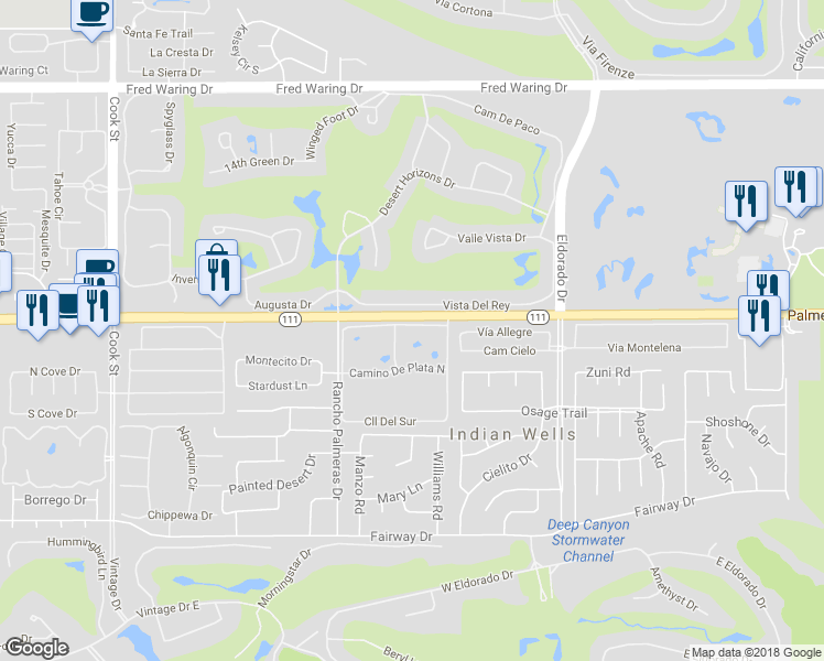 map of restaurants, bars, coffee shops, grocery stores, and more near 75663 Calle Del Norte in Indian Wells