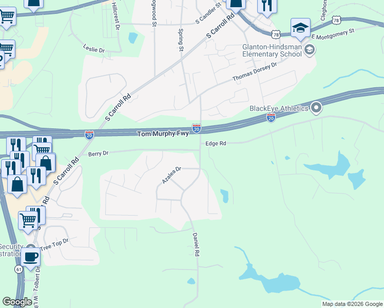 map of restaurants, bars, coffee shops, grocery stores, and more near 900 Berry Drive in Villa Rica