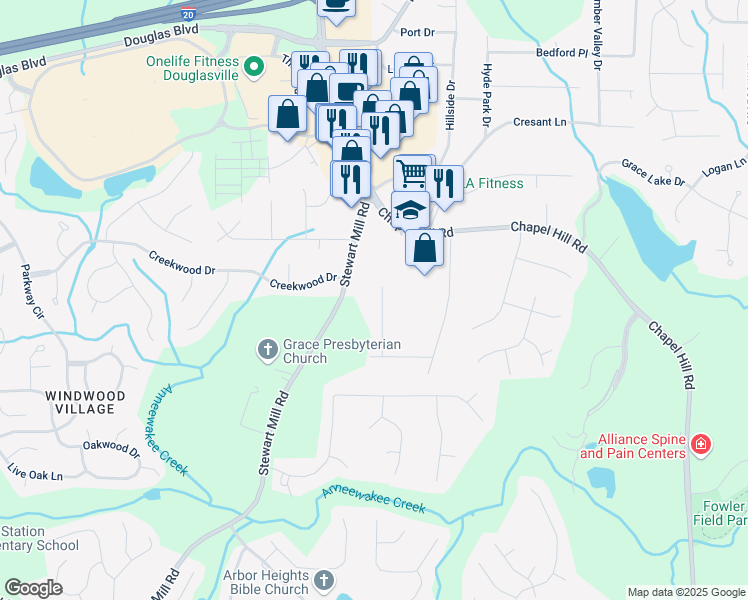 map of restaurants, bars, coffee shops, grocery stores, and more near 3113 Melissa Court in Douglasville