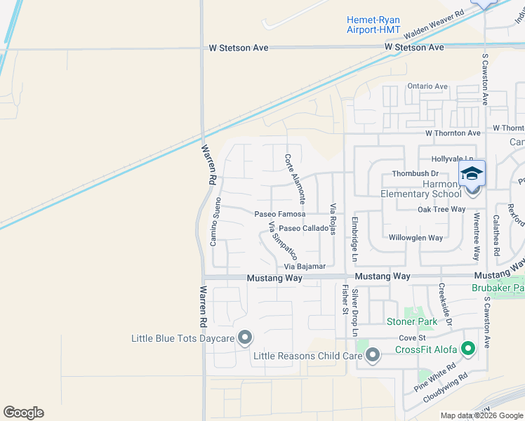 map of restaurants, bars, coffee shops, grocery stores, and more near 5444 Paseo Famosa in Hemet
