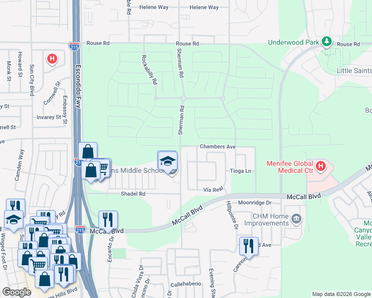map of restaurants, bars, coffee shops, grocery stores, and more near 27529 Avenue Interno in Menifee